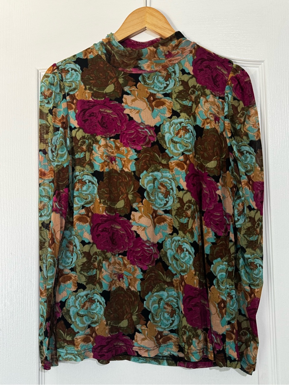 Floral mesh artsy turtle neck witchy dark fall Long-Sleeve Top - Multicolor